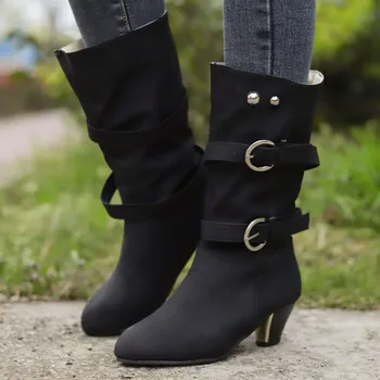 Mid Round Boots Heel Cowboy Toe Vintage Velvet Shoes Buckle Women's women's boots 4