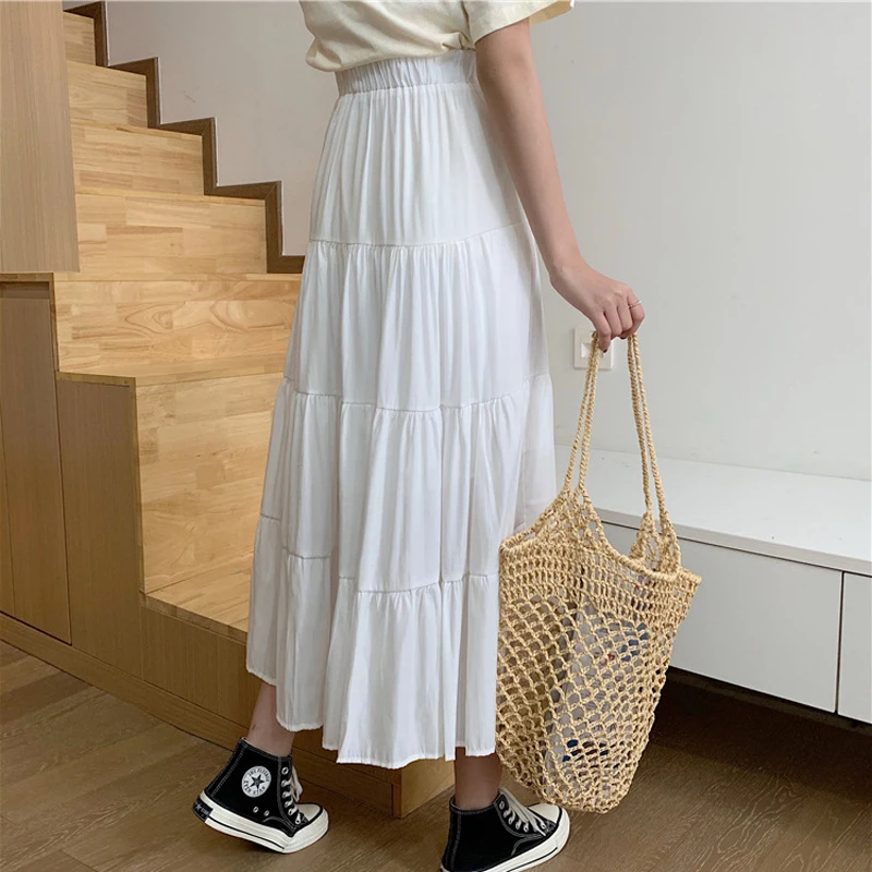 Spring Summer Vintage Chiffon Skirts Patchwork White Black Chic Long Cake A-line Skirt for Fashion Women Clothing Student white pleated skirt