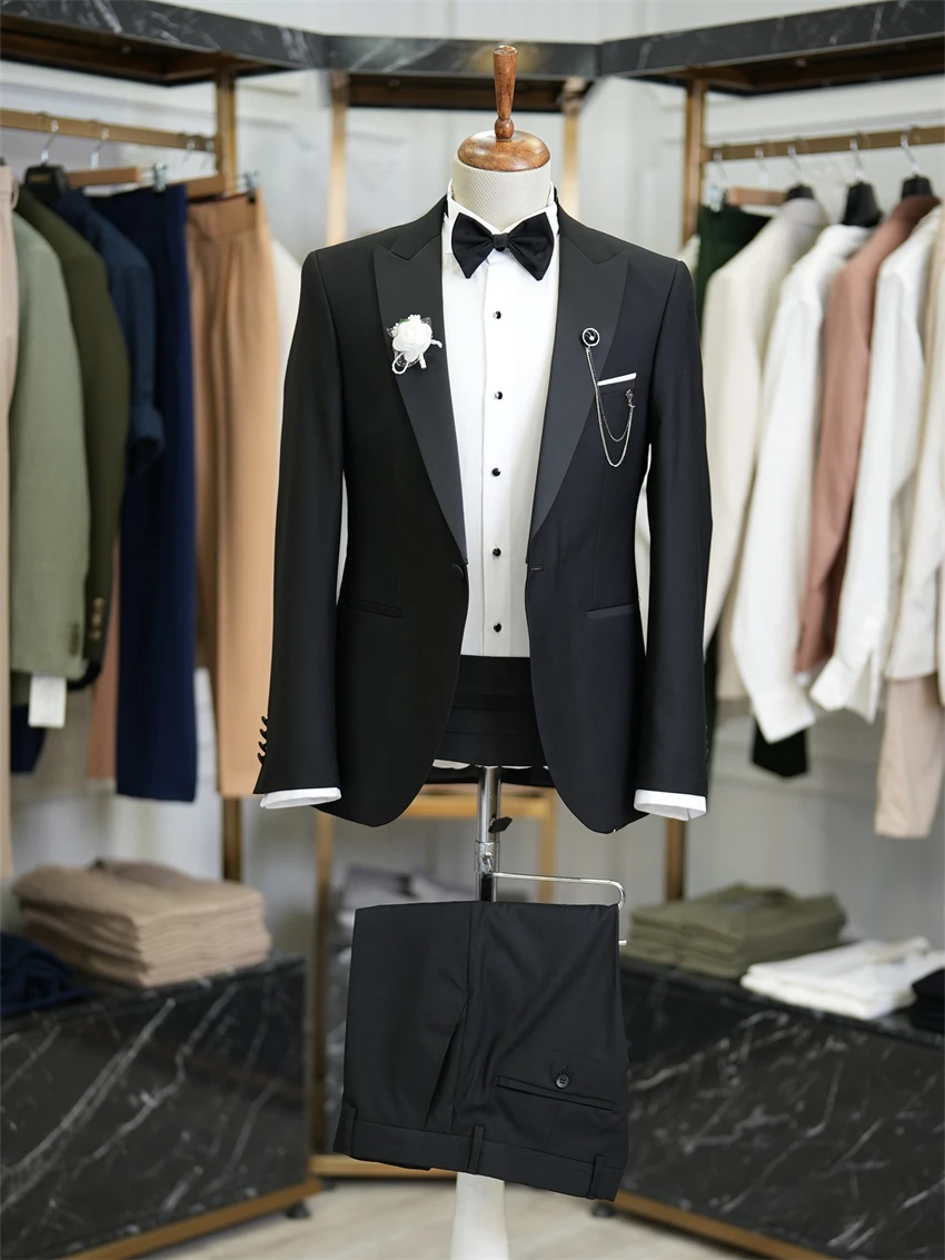 

Классический мужской смокинг, костюм для жениха с воротником «Ласточка», итальянский облегающий пиджак, брюки, деловые костюмы для вечеринок, черный цвет, 2 шт.