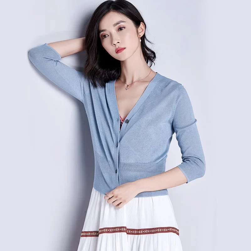 

Women's Ice Silk Knitted Cardigan Spring Summer Three Quarter Sleeve Top Sun Protection Clothing Coat Shawl Thin Jacket Korean