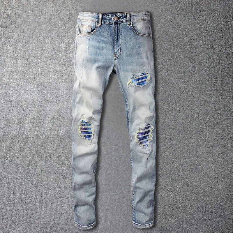 

2023 High Street Motorcycle Pants Ripped Jean Fall Wash Water Color Splash Print Jean Hombre Noir Homme Zipper Jean For Men