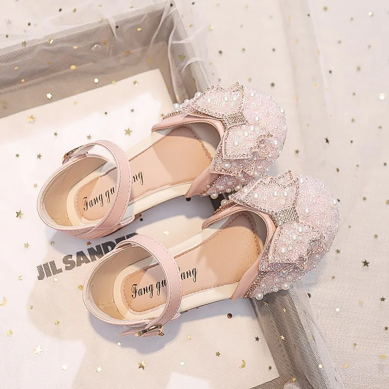 

New Girl Sandals Cute Bow Pearl Sequins Kid Princess Shoes Flat Heels children Dancing