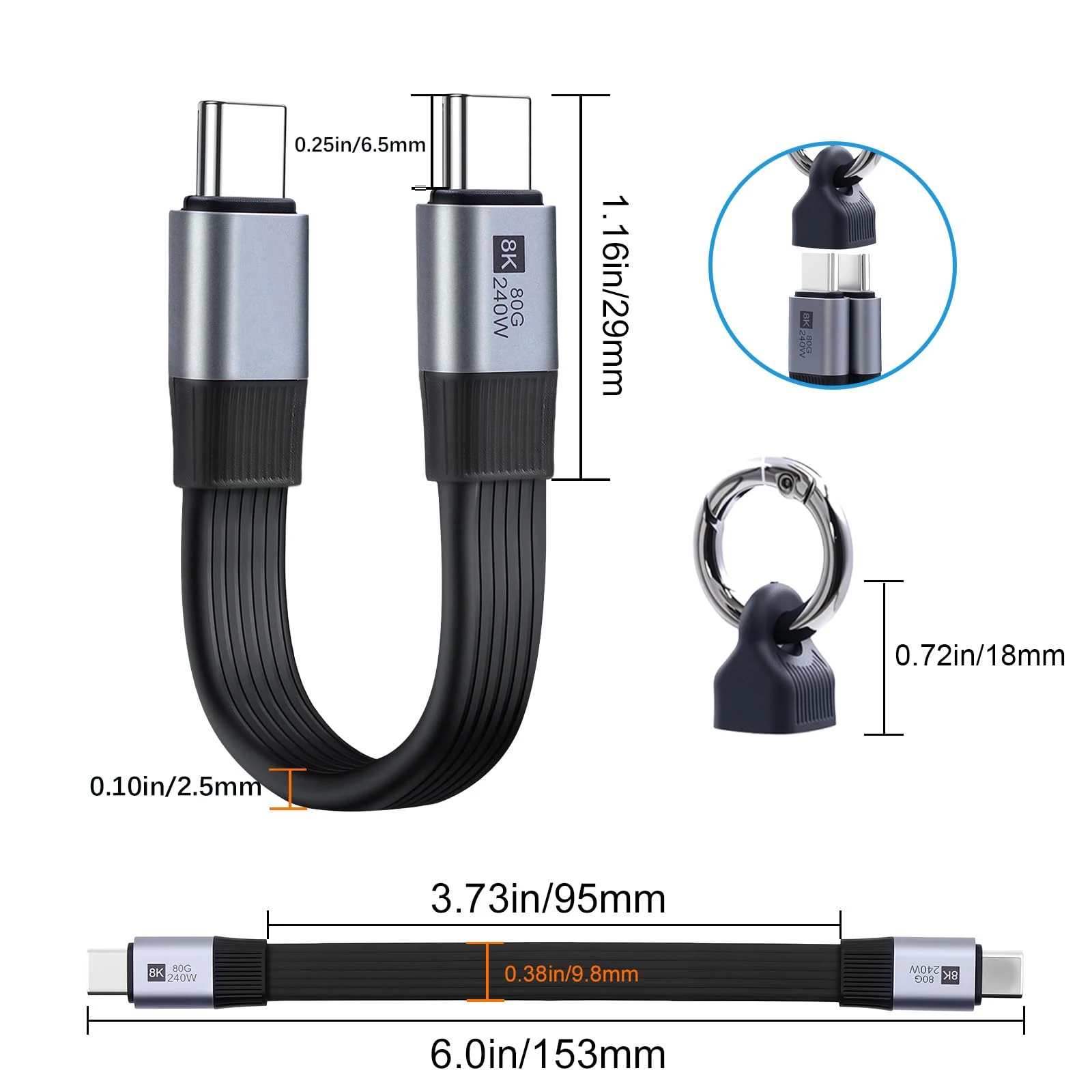 Compact USB-C Fast Charging Cable – 240W Power, 80Gbps Data Transfer, 8K Video Display, Thunderbolt Support, Built-in Keychain
