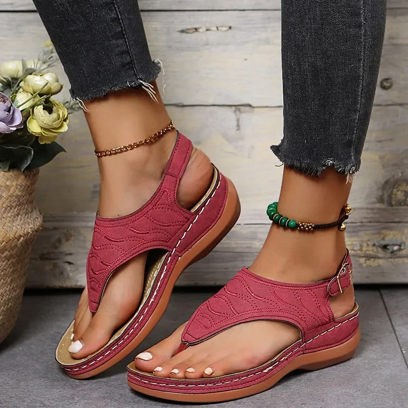 

2024 New Summer Women Strap Sandals Women's Flats Open Toe Solid Casual Shoes Rome Wedges Thong Sandals Sexy Ladies Shoes