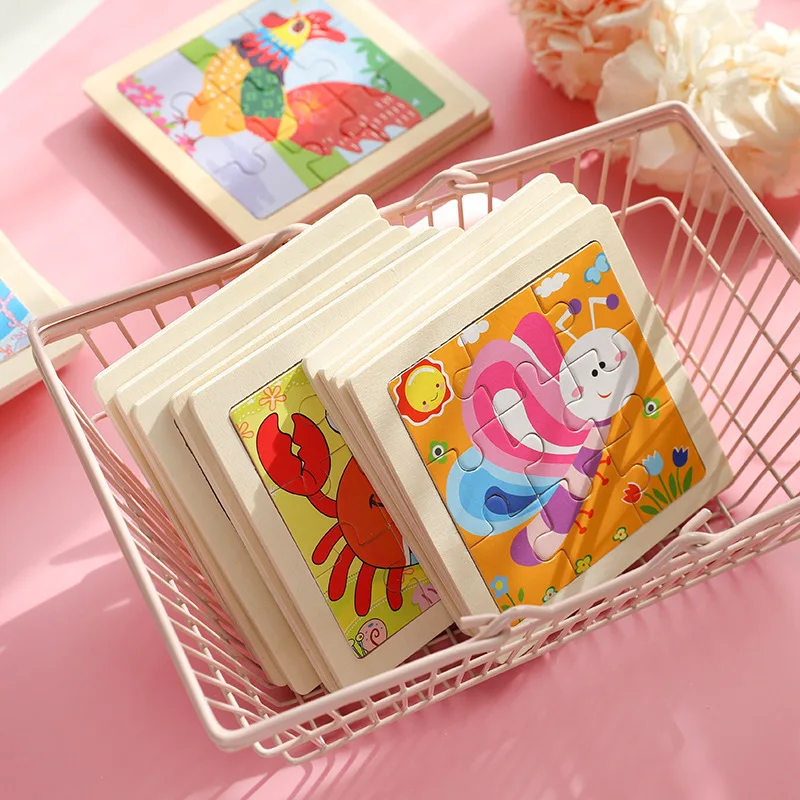 9 Pieces Montessori Wooden Kid Toy 3D Children Education Materials Cartoon Dinosaur Transportation Puzzles Learning Toys 6