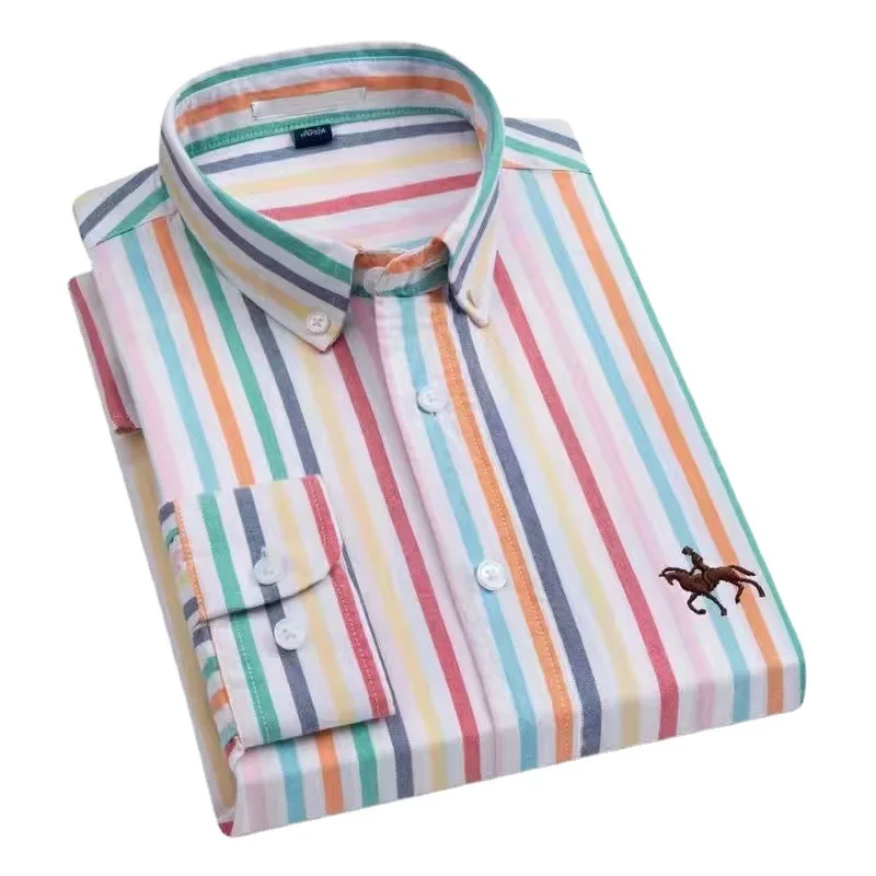 New Plus Size 7XL Cotton Oxford Mens Shirts Long Sleeve Embroidered Horse Casual Without Pocket Striped Social Dress Shirt Male