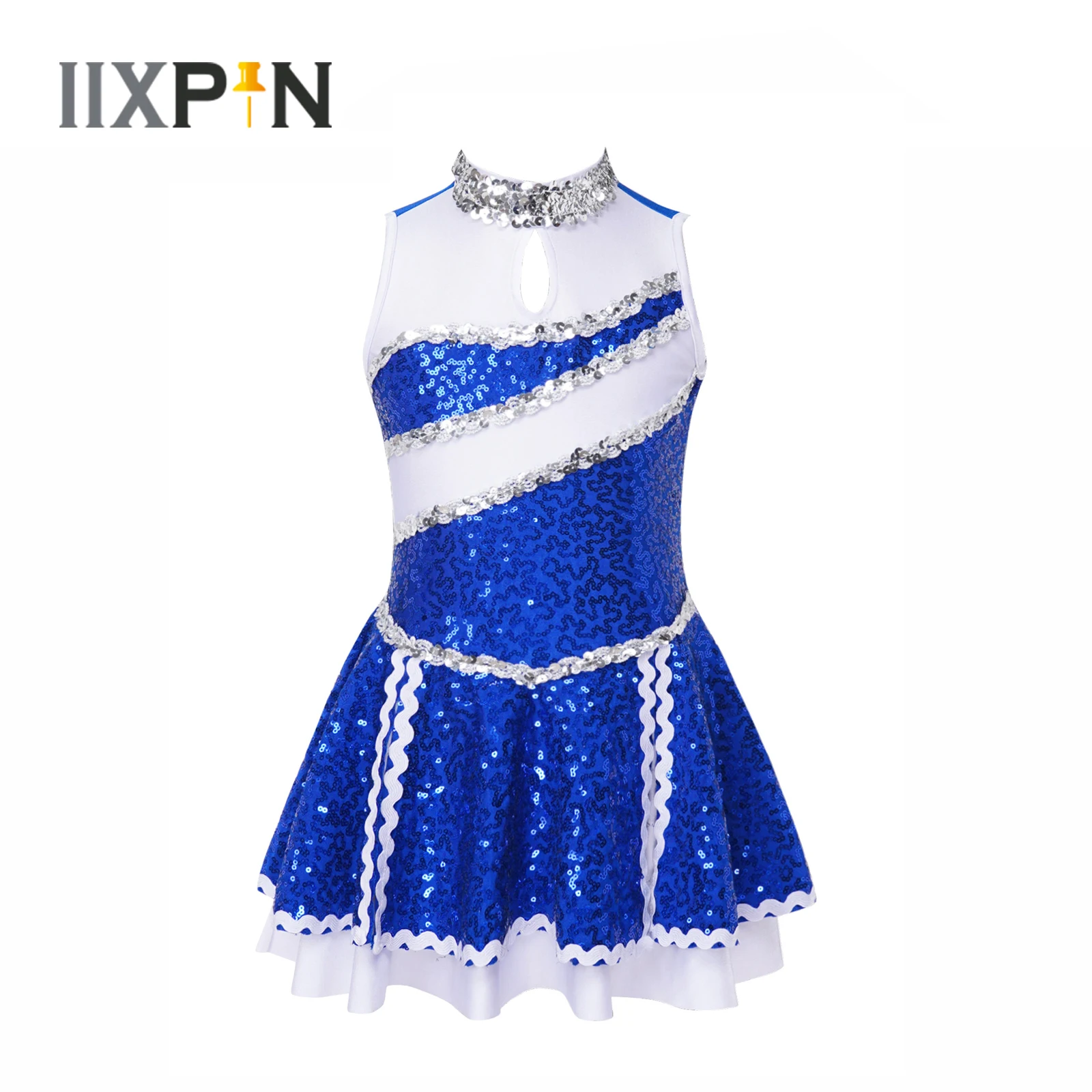 

Kids Girls Ballet Dance Leotard Dress Cheerleading Clothes Shiny Sequins Sleeveless Mesh Dresses Gymnastics Jumpsuit Dancewear