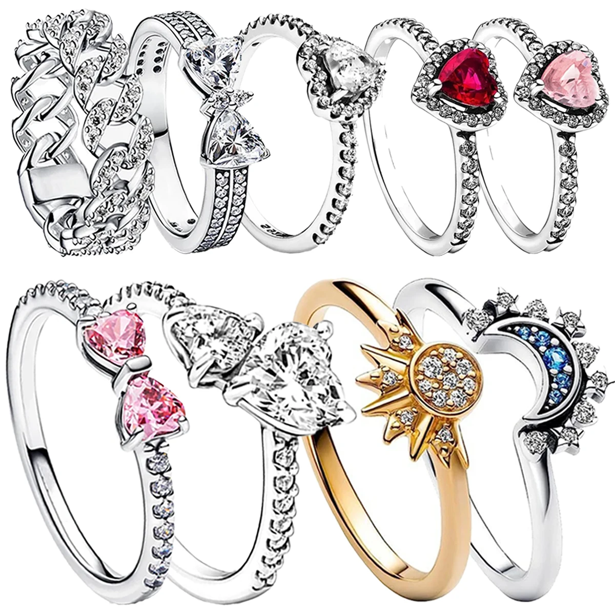 Silver Rings 925 Sterling Silver Pink Bow Heart Sun Moon With Colorful Crystal For Women