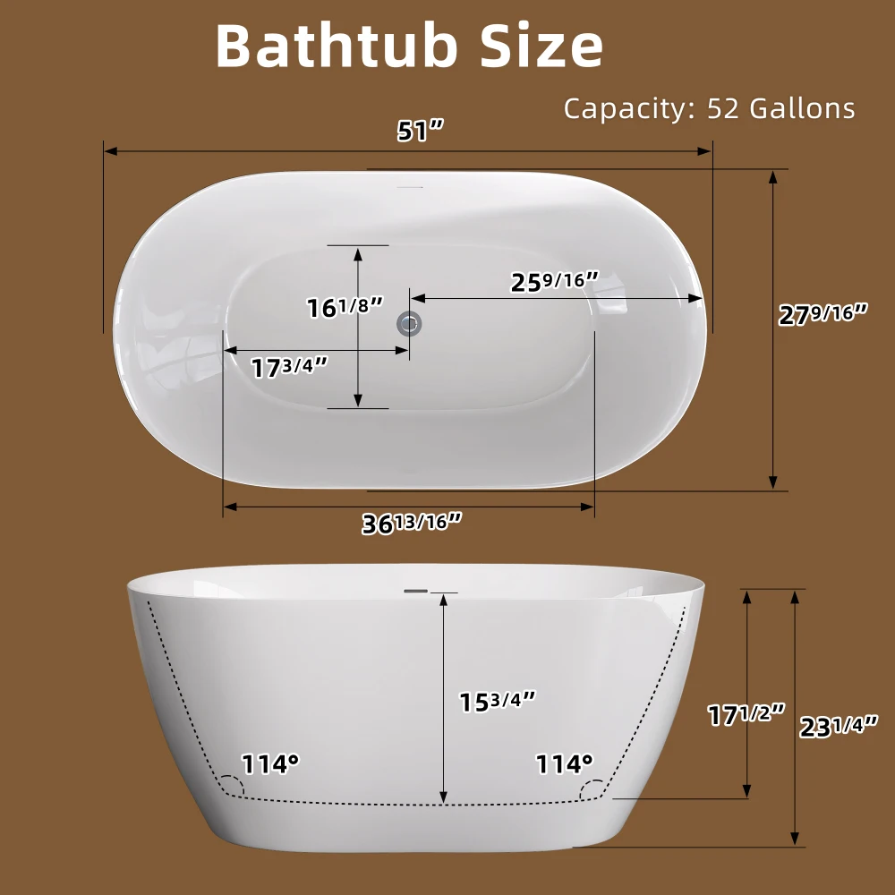 51 Inch Contemporary Acrylic Freestanding White Bathtub-Soaking with Overflow and Pop-up Drain, Glossy Finish