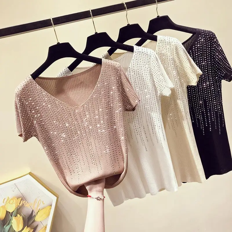 

Summer Ice Slik Diamonds Knitted T-Shirt Women Sexy V-Neck Thin Knitwear Pullover 2023 Fashion Short Sleeve Sweater Cropped Top