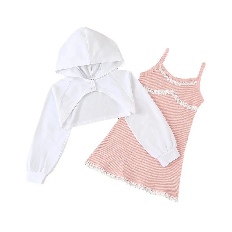 

Fashion Girl Clthes Set Baby Girl Dress Pink Lace and Hoodie Crop Top Suits Kid Casual Outfits Children Clothing Boutique