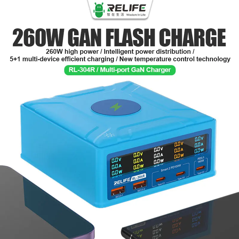 RELIFE RL-304P/304D/304Q/304S/304N/304R Intelligentes 6-Port-USB-Digitalanzeige-Ladegerät zum Aufladen aller Mobiltelefone und Tablets