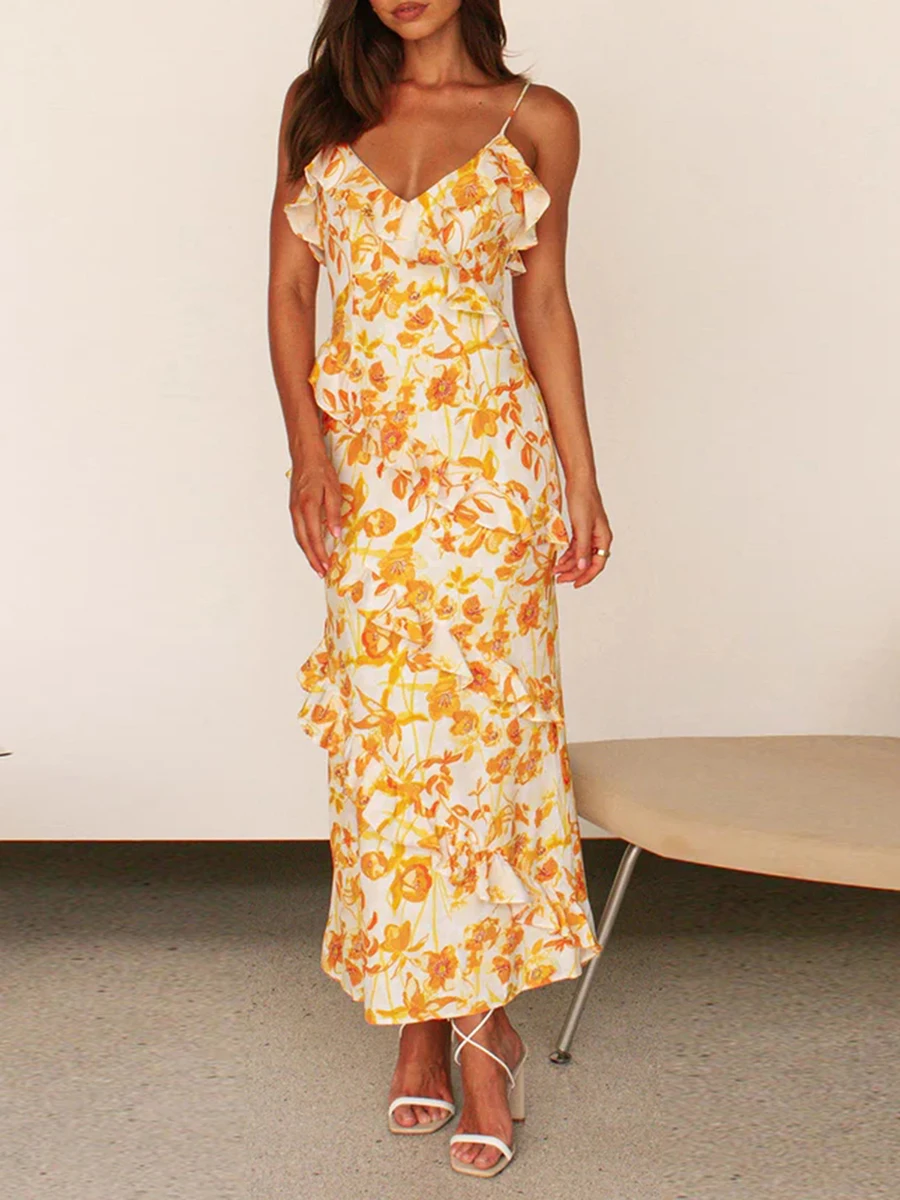 

Женское коктейльное платье без рукавов, длинное платье с V-образным вырезом, открытой спиной и цветочным принтом, с оборками, уличная одежда на лето