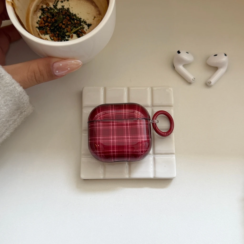 Retro Red Grid Pendant Glossy Protective Case for AirPods - Image 6