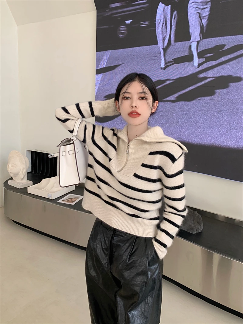 Women's Striped Sweater Zip Thick Fall Loose Turtleneck Knit Jumper Turn-down Collar Casual Oversize Fashion Women Sweaters