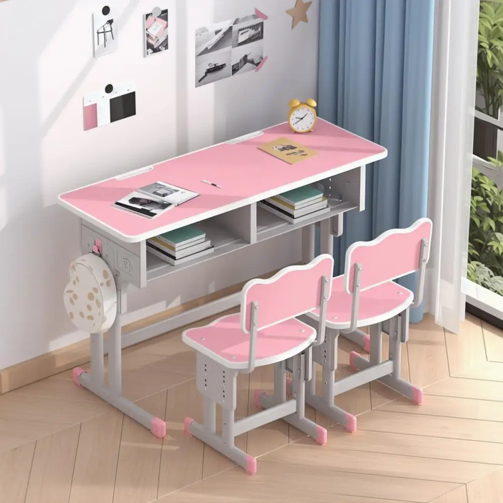 Children Double Seat Study Table Height Adjustment, 150lbs Load Capacity Chair And Desk Set with Anti-slip Rubber Leg Cover 2