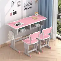 Children Double Seat Study Table Height Adjustment, 150lbs Load Capacity Chair And Desk Set with Anti-slip Rubber Leg Cover 2