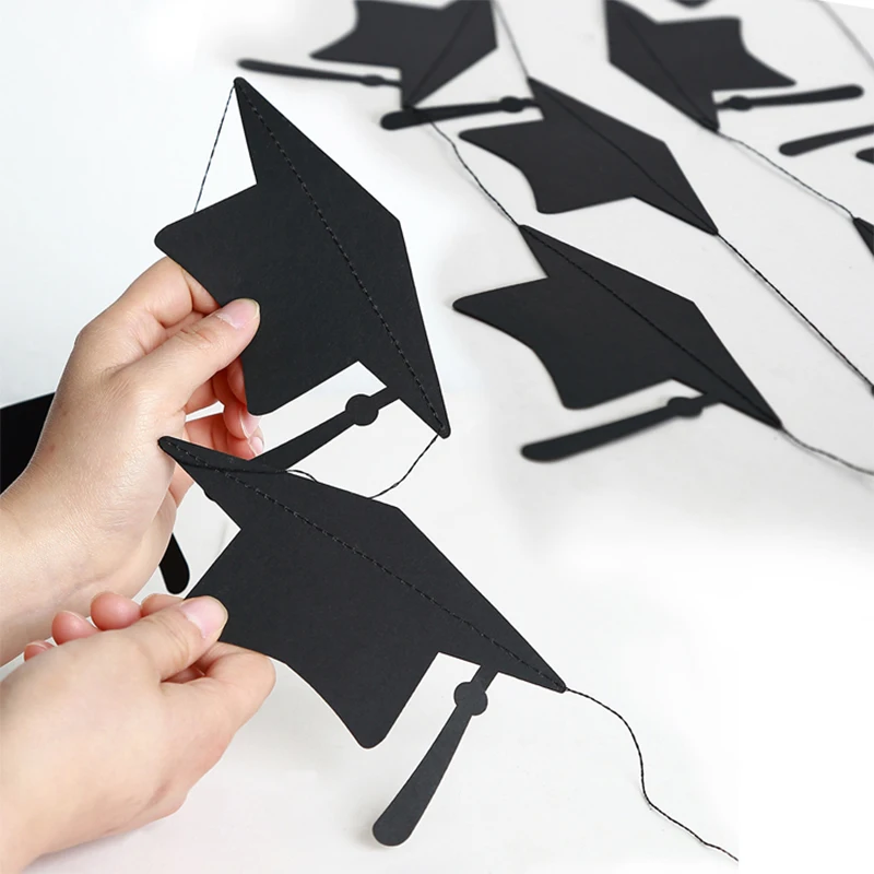 Black Gold Graduation Bachelor Hat Banner Paper Cap Garlands for School Celebrations Graduation Party Hanging Decorations party decorations