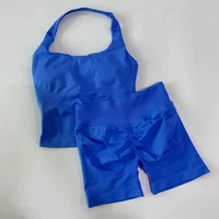 Ensemble de sport 2 pièces pour femme : débardeur dos nu et short taille haute froncé, tenue de fitness sans couture 5