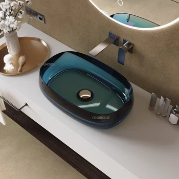 Nordic โปร่งใสห้องน้ําอ่างล้างมือบ้านสีคริสตัลอ่างล้างหน้า Art เคาน์เตอร์อ่างล้างหน้าโรงแรมห้องน้ําอ่างล้างหน้าอ่างล้างจานเดี่ยว 1