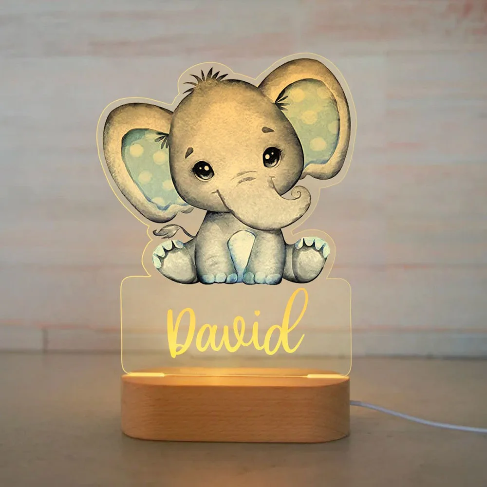 Personalized Baby Elephant Lion LED USB 7 Colors Night Light Name Acrylic Lamp For Kids Children Bedroom Home Decoration