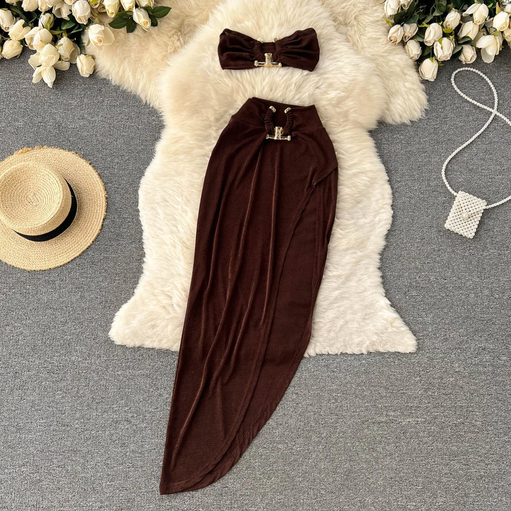 

Y2K Two Piece Sets Sexy Sleeveless Backless Vest Crop Tops+High Waist Side Slit Irregular Bodycon Midi Dress Club Party Outfits