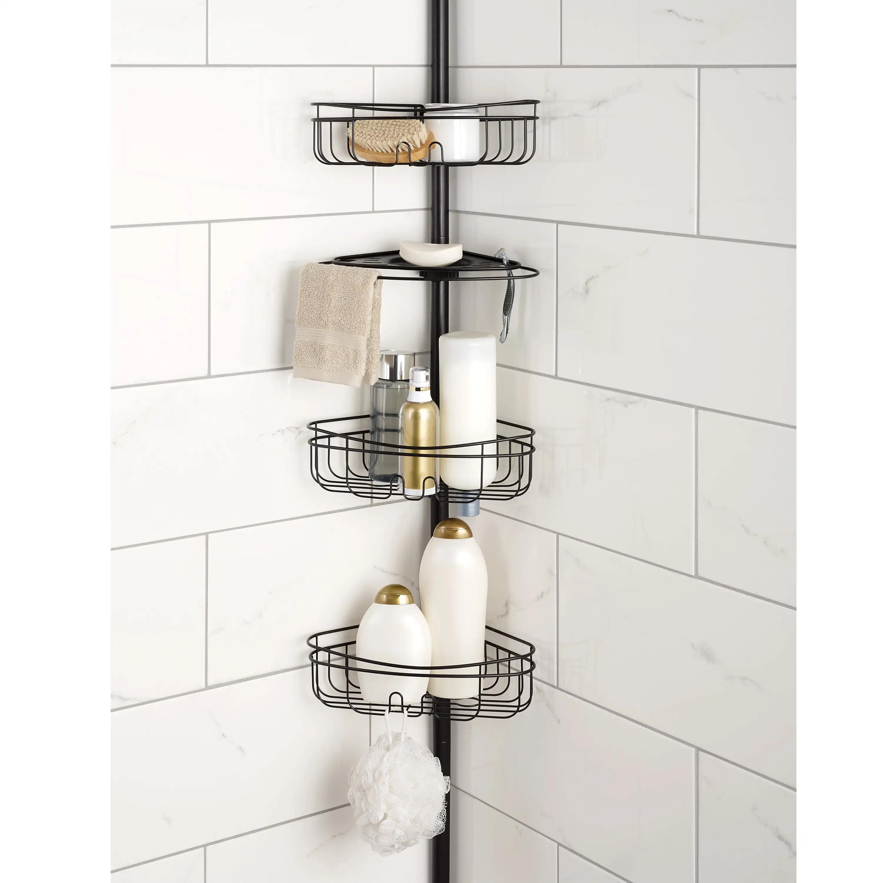 Bathroom Organizer Adjustable Tension Shower Pole Caddy, 4 Shelves, Satin  Nickel - AliExpress