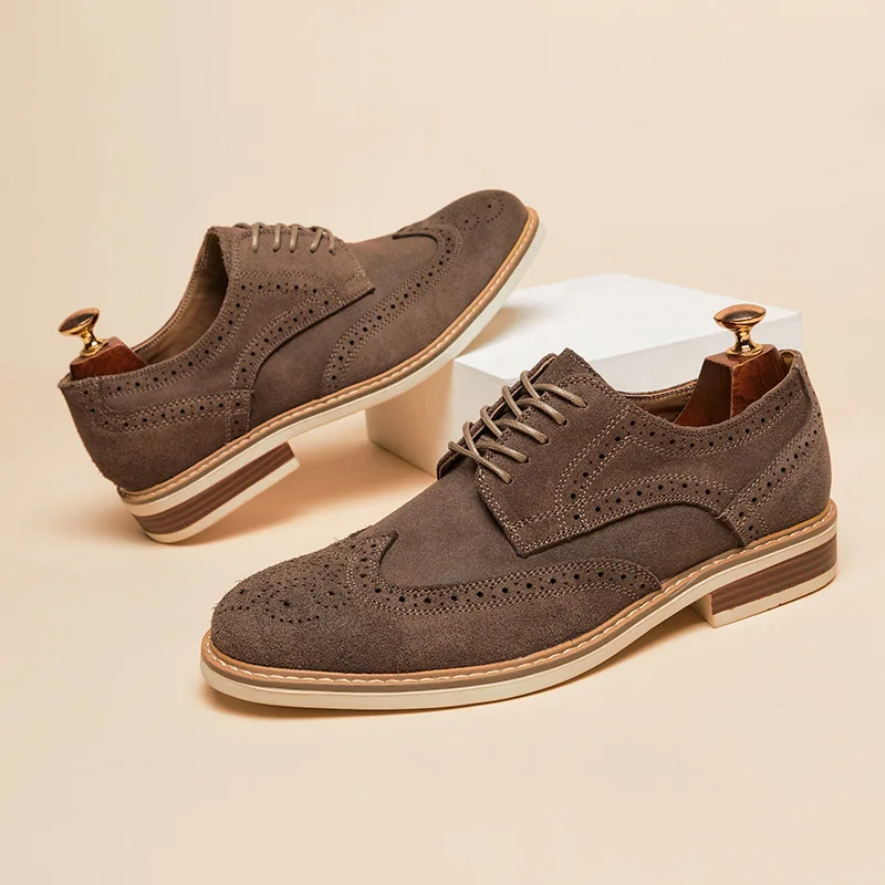Man Derby Shoes Genuine Split Suede Leather Full Brogue Long Wing Dress Business Men Casual Comfortable Wedding Party Suits mens leather dress shoes