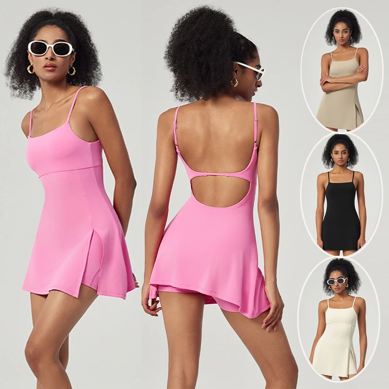 Tennis Dress with Shorts Women Badminton Clothing Golf Wear Dress with Chest Pad Split Slim Workout Outfit Sport Skirts