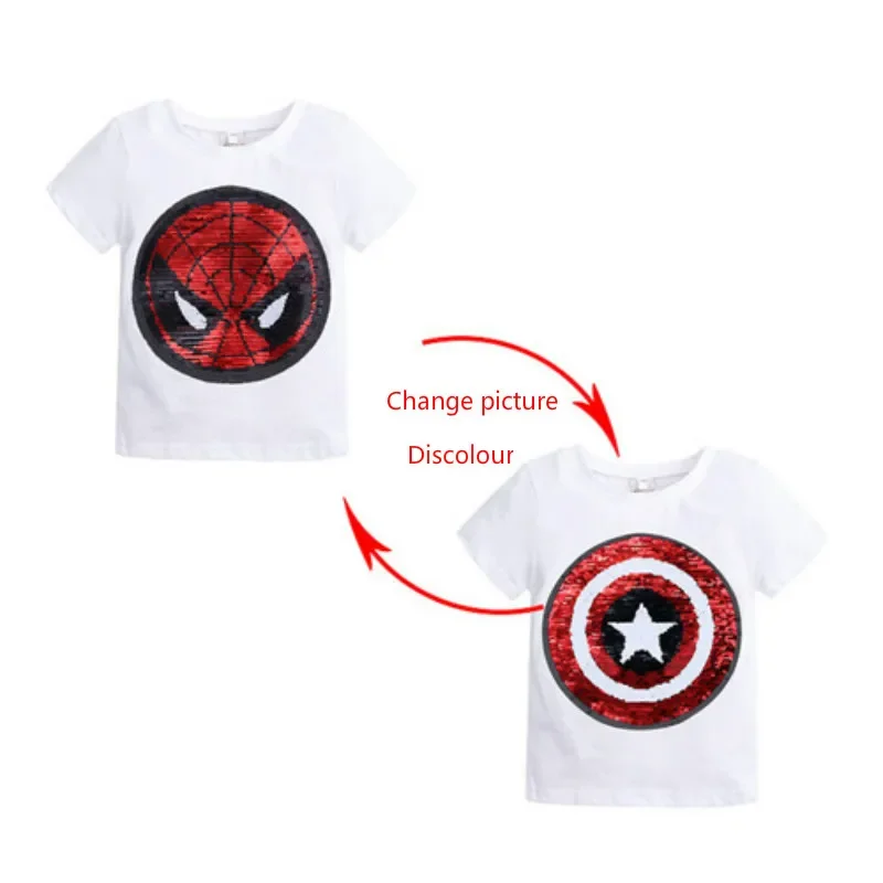 Children Baby Boy Girl Short Sleeve T-shirt Magic Sequin Reversible SuperHero Captain America Spiderman Anna Kid Clothes Top Tee children tshirts,children tops