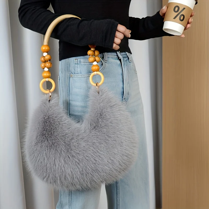 Women's Faux Handbag, Plush Faux Tote Purse with Bead Accented Strap, Zipper Closure Elegant Handbags Shoulder Bags for Everyday