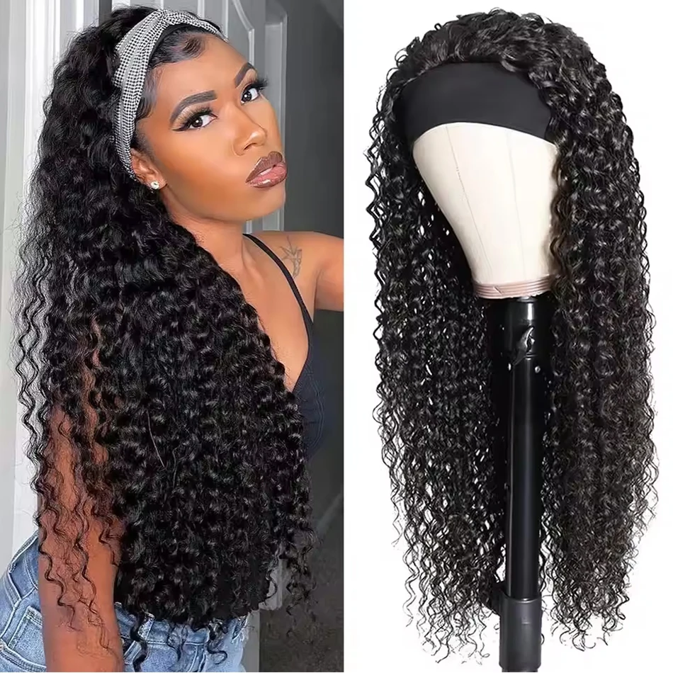 Jerry Curly Headband Human Hair Wig Brazilian Virgin Hair Perfect Natural Afro Look No Lace Needed 250% Scarf Machine Made Wig 1