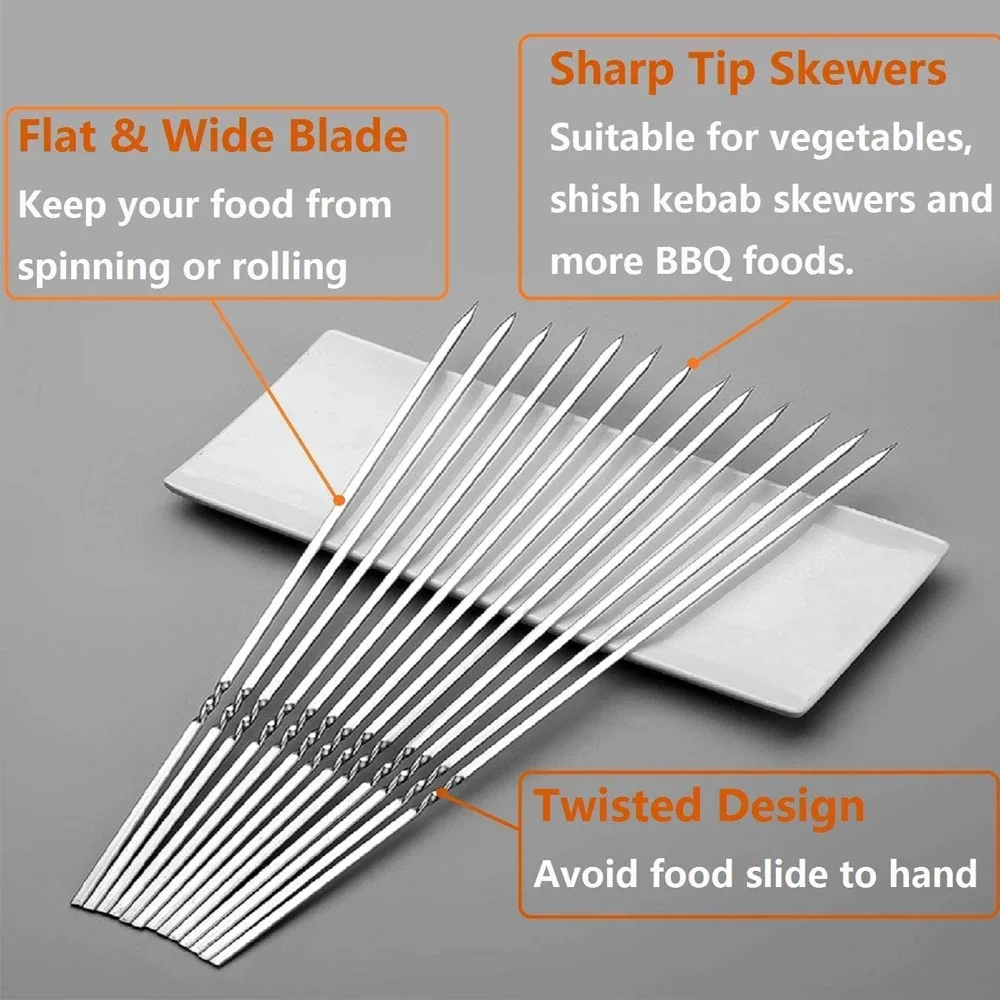 BBQ Skewers for Barbecue Reusable Grill Stainless Steel Skewers Shish Kebab BBQ Camping Flat Forks Gadgets Kitchen Accessories