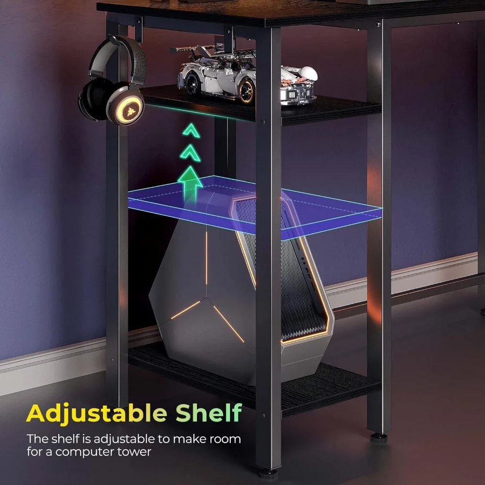 L Shaped Gaming Desk with LED Lights & Power Outlets, 46.2" Computer Desk with Full Monitor Stand & Storage Shelf, Corner Desk