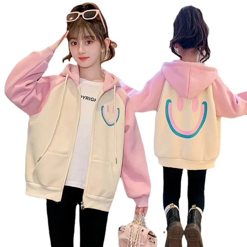 

Kids Coat Autumn and Winter Girls' New Cardigan Coat Hooded Smiling Face Big Baby 4-12 Ages