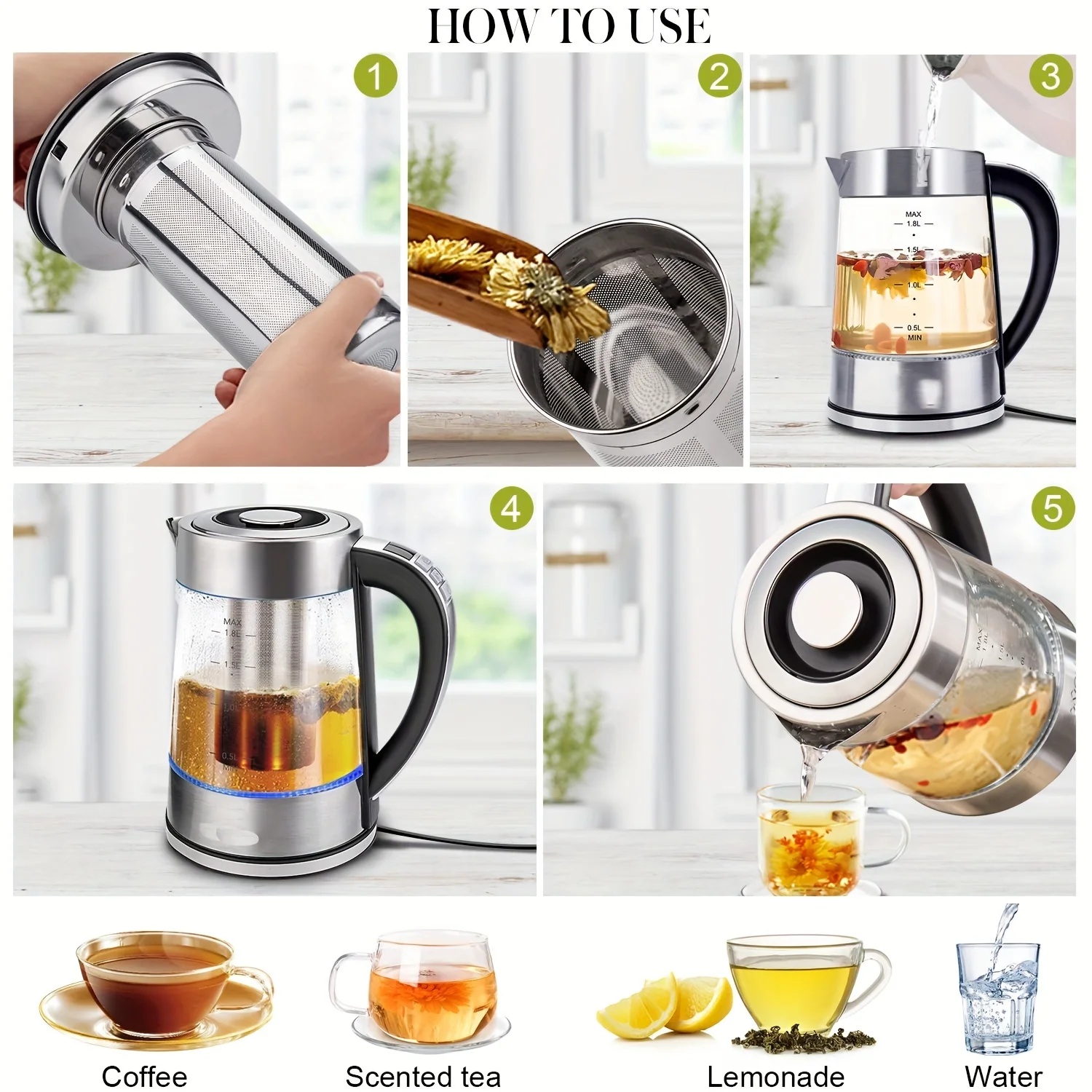 1.8L Electric Kettle with 12 Temperature Settings and 24 Hour Insulation - Stainless Steel Strainer 2