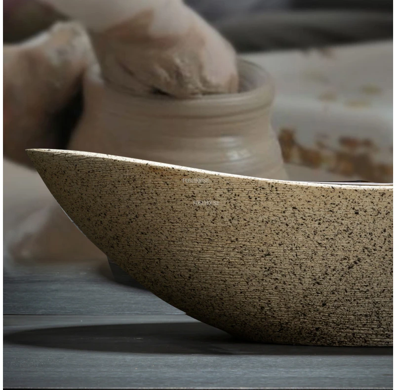 Modern Oval Bathroom Sinks Art Carved Countertop Basin Home Balcony Bathroom Washbasin Ceramic Handmade Basin Outdoor Washbasin