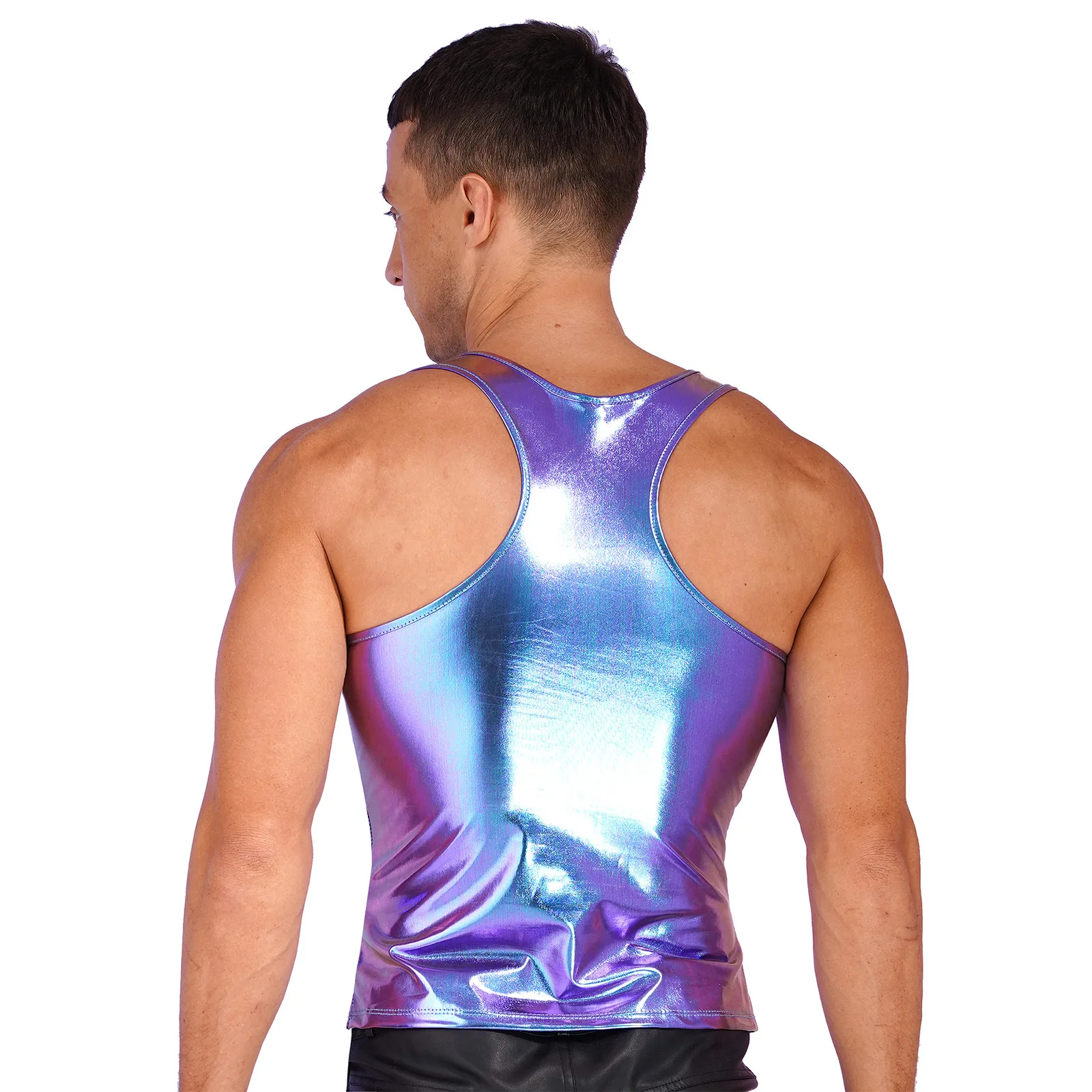 Shiny Metallic Mens 민소매 조끼 탱크 탑 파티 Clubwear 언더 셔츠 섹시한 남성 레이서 백 슬림 피트 캐미솔 스무스 탱크 탑