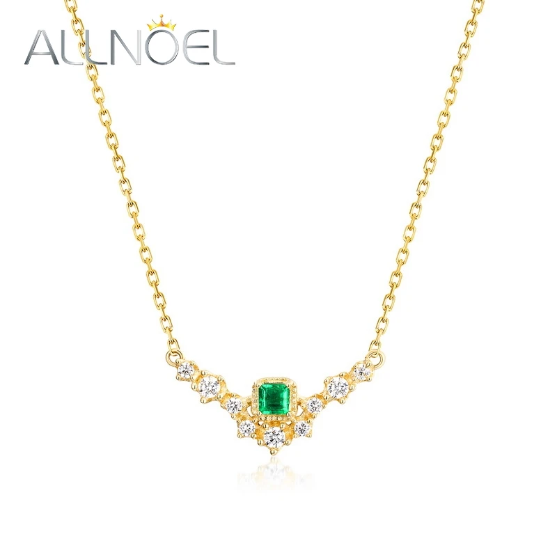 ANLLNOEL Pure 14K 585 18K 750 Yellow Gold Pendant Necklace For Women Natural Emerald Anniversary