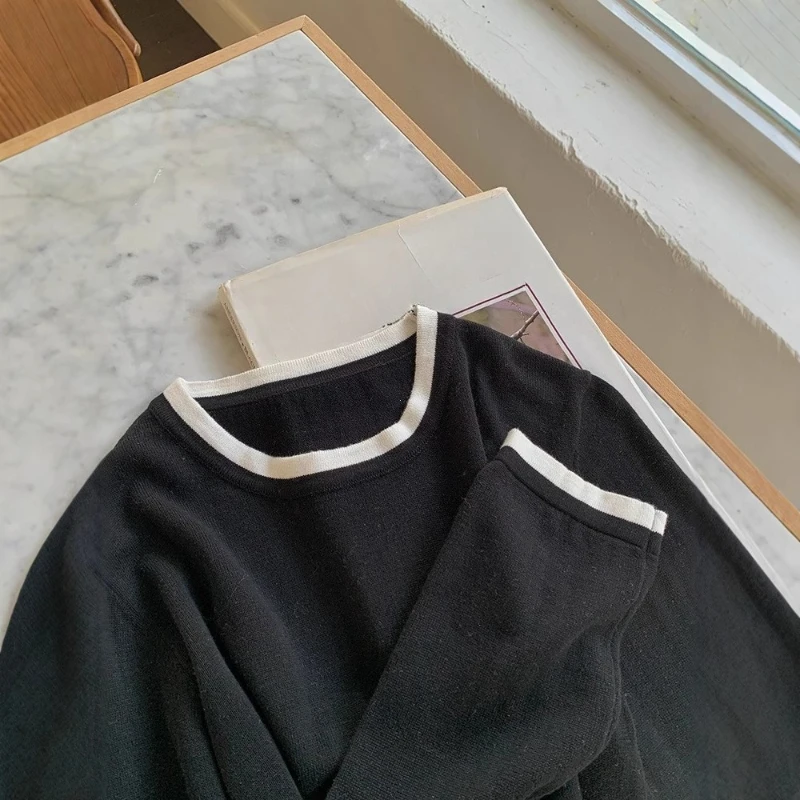 100% Cotton Women O-neck Color Blocking Long Sleeved Shirt Spring and Autumn Loose Fashionable Knitted Long Sleeves High Quality