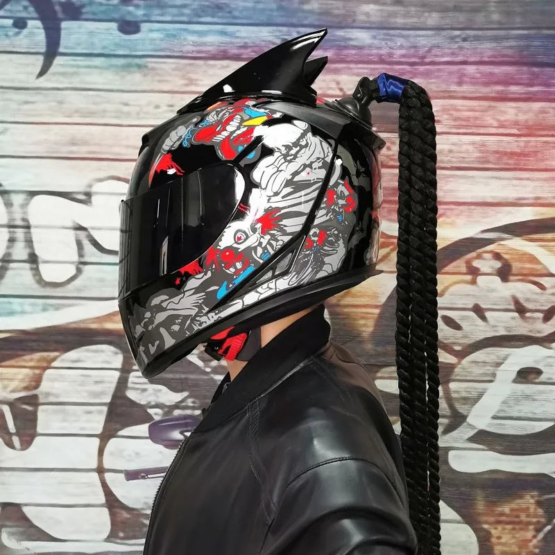 thumbnail image 1 of Casco integral para motocicleta, casco de seguridad para montar en moto, doble lente, casco de carreras, trenzas individuales, cuernos, 1 of 5