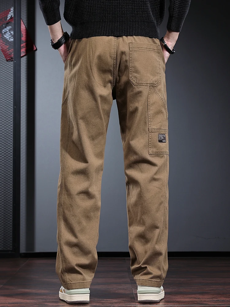 Khaki Cotton Baggy Straight Pants Men Autumn Korean Style Outdoor Casual Elastic Waist Loose Trousers