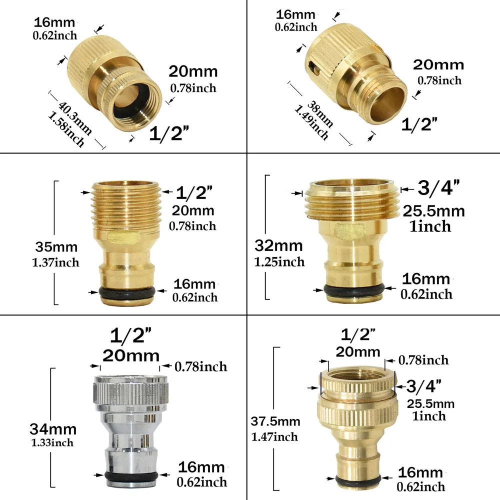 Garden Hose Adapter 1/2" 3/4" 5/8" 1" Brass Tap Quick Connecter 16mm 20mm Copper Hose Coupling Adapter Garden Watering Gun Water Stop Fittings
