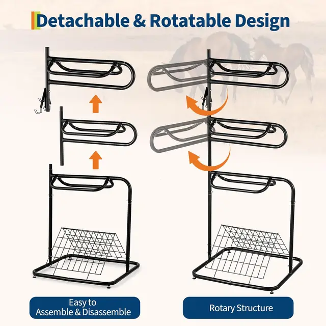 Heavy Duty 3 Tier Freestanding Saddle Rack Stand, 76cm x 76cm x 173cm Rotatable & Removable Arms, Horse Tack Organizer for English & Western Saddles, Blankets & Gear, Black Stable Storage
