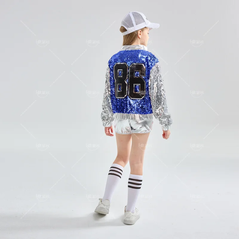 Girls girl dance costume children costumes pink sequin crop tops shorts jacket dancewear costume hip hop modern jazz dance stage performance wear
