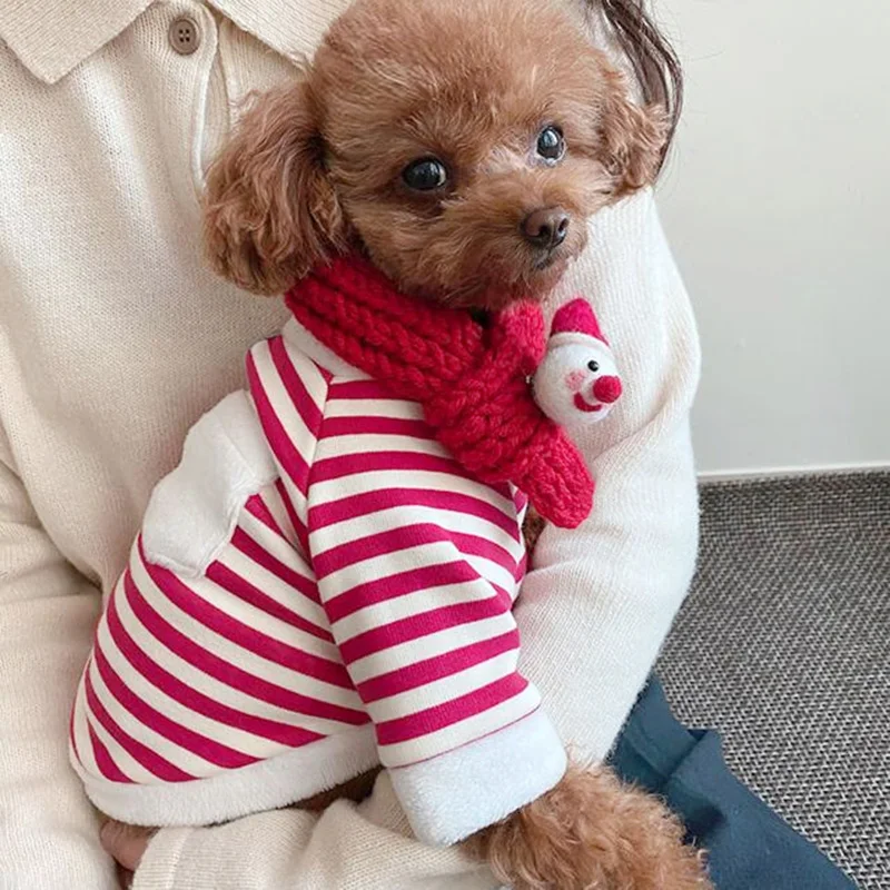 

Christmas Dog Clothes Red Striped Pet Pullover Autumn and Winter Puppy Warm Clothes New Year Teddy Hoodie Send The Scarf