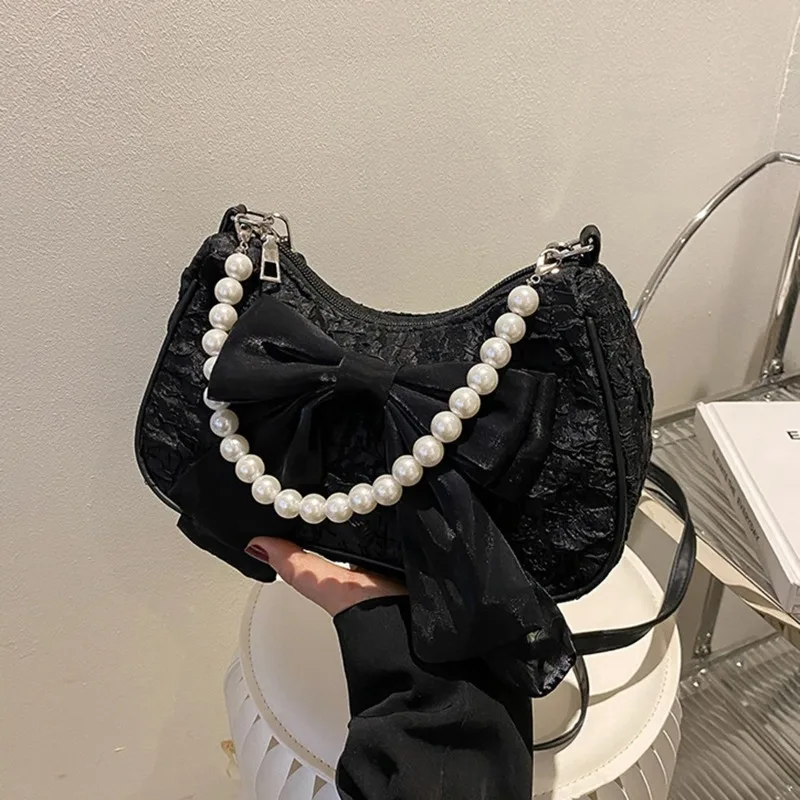 New Cute Pearl Female Bag Retro Luxury Designer Handbag Bow Crossbody Bags Fashion Y2K Vintage Women's Shoulder Bag Purses