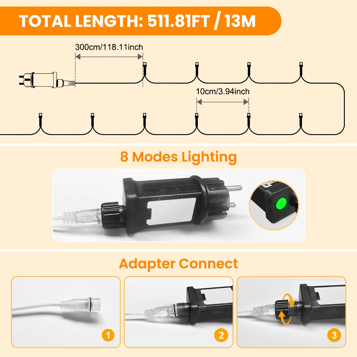 13M 100LEDS lichtslingers binnen buiten heldere draad met afstandsbediening, 8 verlichtingsmodi, dimbaar en timer warm witte lamp voor Kerstmis
