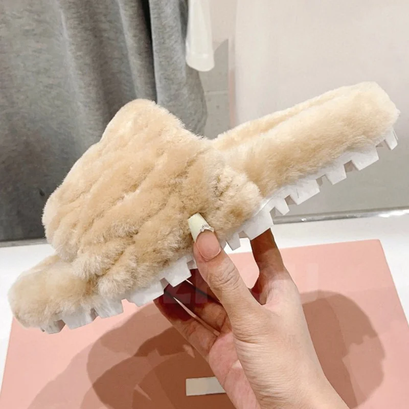 

Women Slippers Spring Autumn 2023 New Wool Upper Platform Design Round Toe Peep Toe Fairy Shoes Concise Comfortable Female Shoes