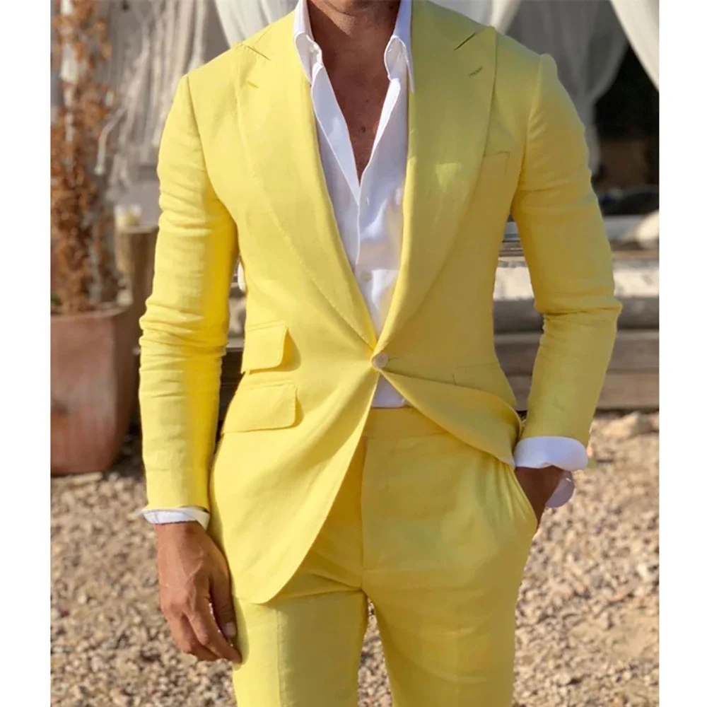 Men Suit Yellow Linen Beach Slim Fit 2 Piece Wedding Groom Tuxedo with Peaked Lapel Male Fashion Costume Blazer with Pants